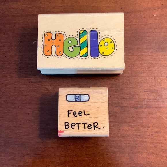 Set of Two Rubber Wood Mounted Stamps Hello and Feel Better Band Aid Design - Picture 1 of 8